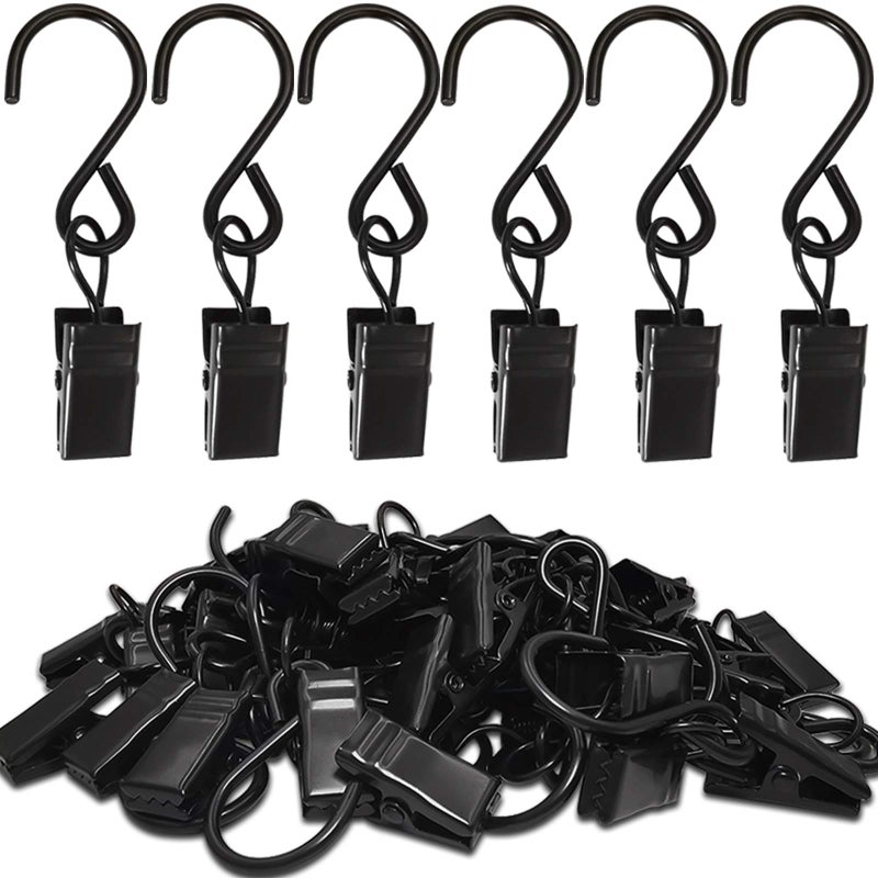 AMZSEVEN Stainless Steel S Hooks Curtain Clips, 50 Pack Hanging Party Lights Clips Hangers Gutter Photo, Art Craft Display, 2.4 Inch Long, Black - Image 1